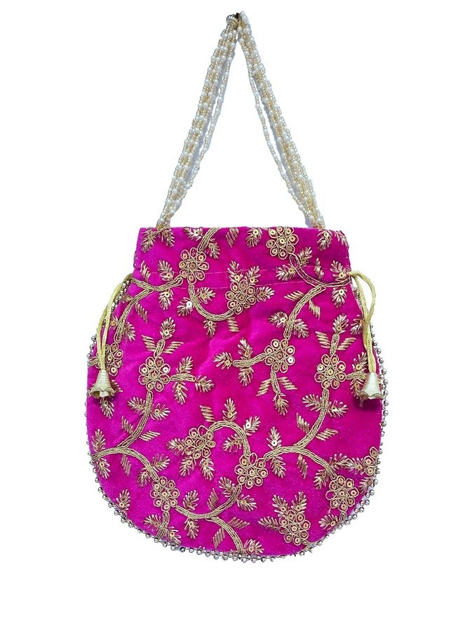 ATHZ Potli Bag Velvet Golden work wedding potli for ladies Gift for women handbags traditional Indian Wristlet with Drawstring Ethnic Embroidery Women Fashion Potli (Gold,Pink) - Image 3